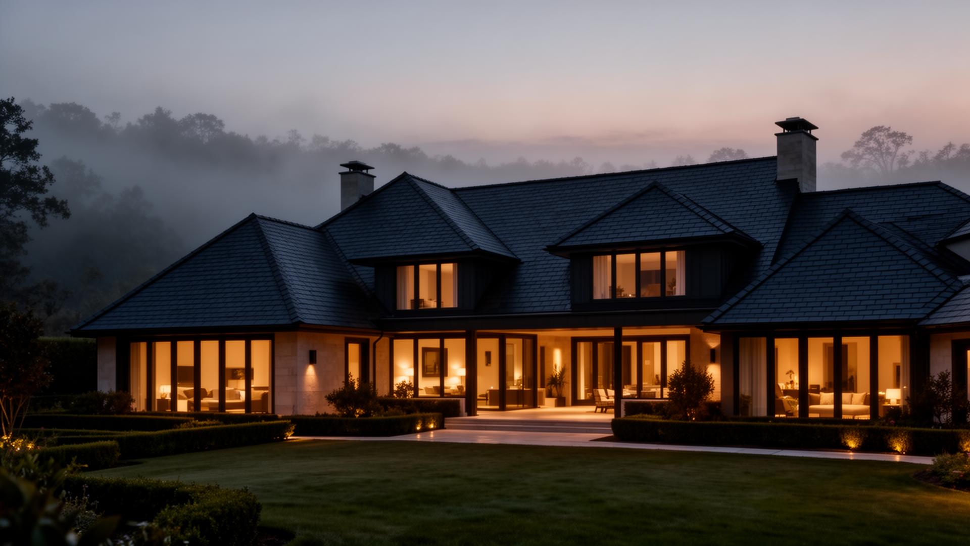 Residential roof and architectural exterior at dusk